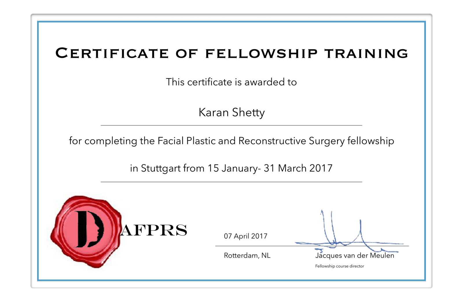 Dr Karan Shetty Certificate